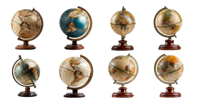 Collection of Vintage Globes Displayed on Wooden Stands, PNG bundle collection, Isolated on Transparent Background