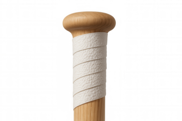 Baseball bat handle featuring light brown wood and textured white grip tape on a transparent background, ready for action