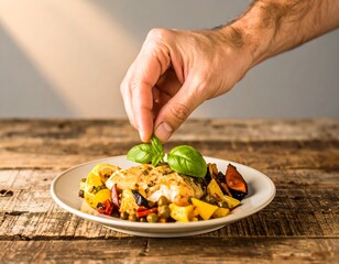 Hand placing basil leaf on a plate of cooked fish and vegetables