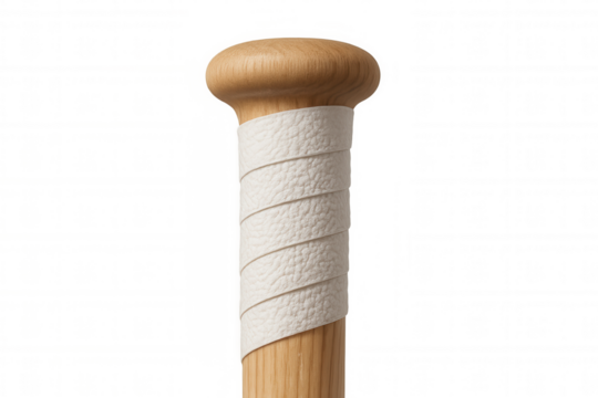 Baseball bat handle featuring light brown wood and textured white grip tape on a transparent background, ready for action