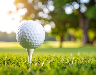 Golf ball on tee in a grassy field with soft focus background