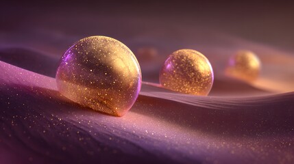 Golden spheres with glitter rest on soft, undulating purple terrain.
