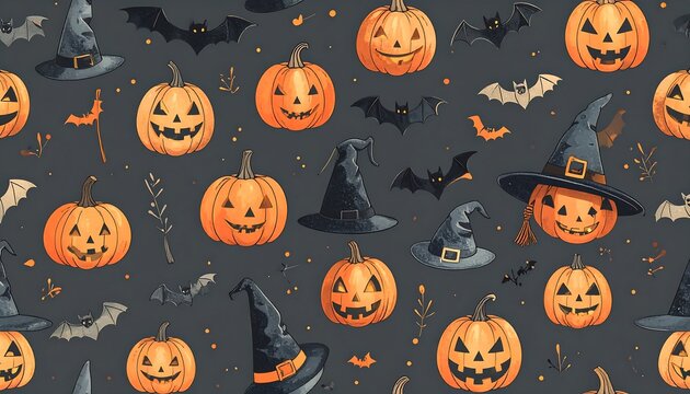 Halloween pattern with pumpkins, bats, and witch hats - Powered by Adobe