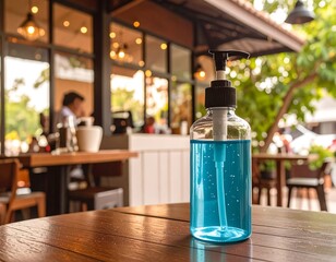 Hand sanitizer bottle on cafe table