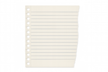 Lined notebook paper torn page with punched holes, blank note template, transparent background