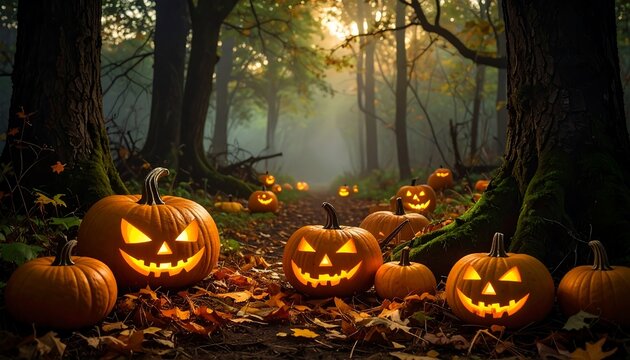 Halloween pumpkins in a mystical forest path - Powered by Adobe