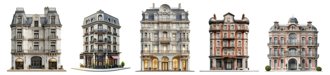 Obraz premium Elegant Urban Architecture Displaying Various Building Styles, PNG bundle collection, Isolated on Transparent Background