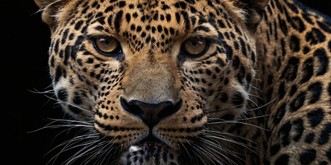 Fototapeta premium A striking close-up of a leopard's face, showcasing its piercing eyes and intricate spotted fur, set against a dark, dramatic background