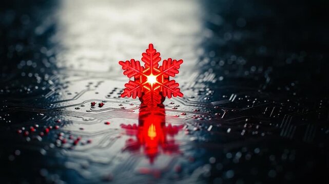 Illuminated Red Maple Leaf on Reflective Surface.