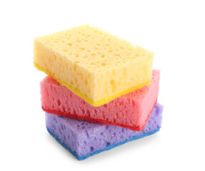 Colorful cleaning sponges on white background