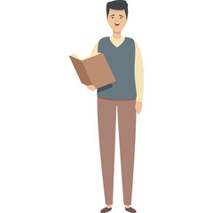Pixel Art Man Standing Holding Open Book With Beige Sweater Over Light Yellow Shirt And Brown Pants White Background