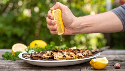 Hand squeezing lemon over grilled fish (2)