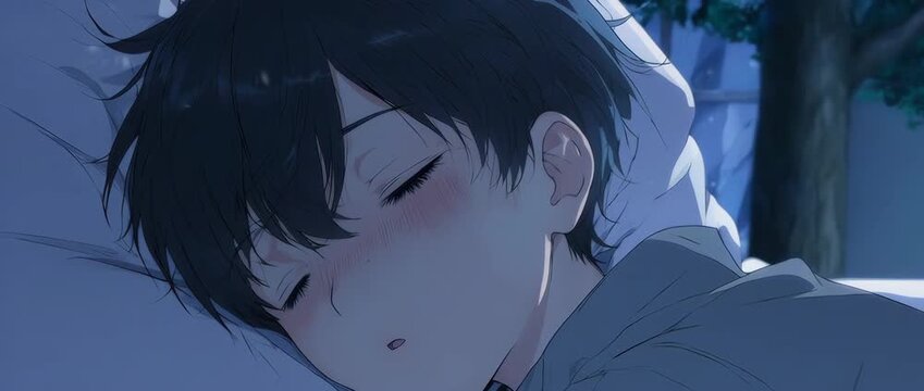 A serene extreme close-up of an anime boy sleeping peacefully. Soft moonlight highlights his relaxed features, creating a quiet, calm, and dreamlike atmosphere.