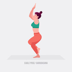 Pixel Art Woman Demonstrating Eagle Pose Garudasana Yoga Pose on a Light Gray Mat Transparent Background Wearing Teal Sports Bra and Coral Leggings