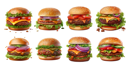 Delicious Array of Gourmet Burgers with Fresh Ingredients and Toppings, PNG bundle collection, Isolated on Transparent Background
