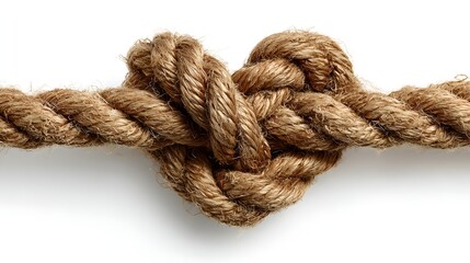 Thick brown rope forms a heart shape knot against a white background.