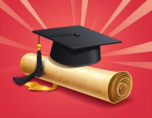 Graduation cap and scroll on a vibrant red background