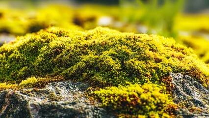 A beautiful macro shot of vibrant yellow-green moss growing on a rough rock surface under bright natural sunlight, symbolizing natural texture and ecology.