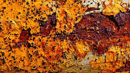 A macro view of heavily distressed metal with vibrant orange and brown rust and flaking, cracked paint, perfect for abstract grunge and decay themes.