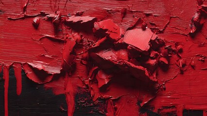 Extreme macro close-up of thick, vibrant red oil paint heavily layered and peeling on a dark black surface. A dramatic, grunge, and highly textured abstract background.