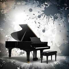 Grand piano in a dimly lit room with artistic background