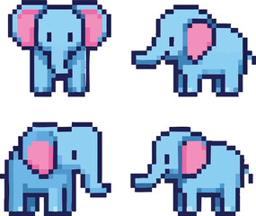 Obraz premium Pixel art elephant character set. A collection of cute blue animal sprites in different poses for a retro video game concept