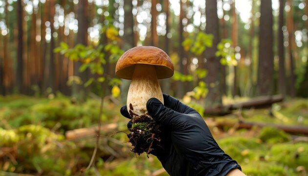 Hand holding a large mushroom in a forest (5)