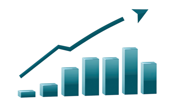 Ascending bar graph with upward pointing arrow, teal hued