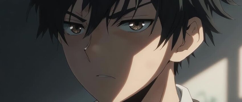 A close-up capturing a skeptical anime boy's expression. His squinted eyes and look of disbelief are perfect for depicting scrutiny, doubt, or analytical thinking. Sharp lighting.