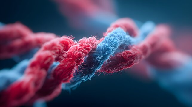 Close up of intertwined red and blue fibers against a dark background. - Powered by Adobe