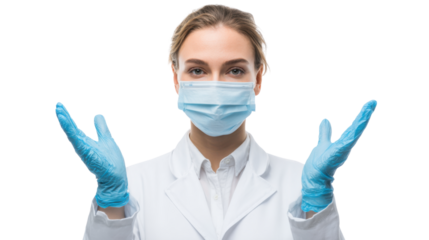 Female Doctor Wearing Medical Mask and Gloves Isolated on White Background
