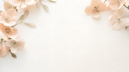 Delicate light peach flowers and leaves arranged on a soft white background.