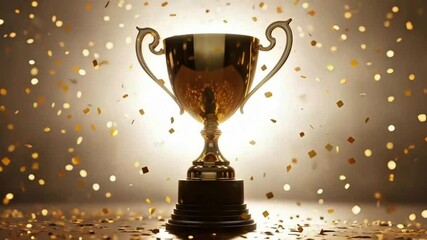Golden trophy gleaming under spotlight with falling confetti, celebrating victory and achievement, ideal for awards ceremonies, corporate success, or sports championships