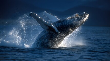 Majestic whale breaches ocean surface with dramatic spray at dusk.