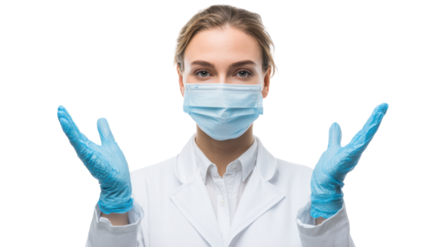 Female Doctor Wearing Medical Mask and Gloves Isolated on White Background