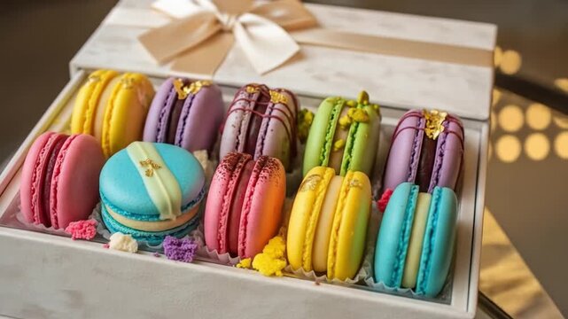 An assortment of colorful macarons in a box with a ribbon bow