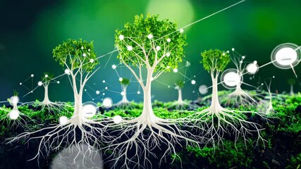 Several trees growing with interconnected nodes on dark soil against a green background, symbolizing growth and connectivity. - Powered by Adobe