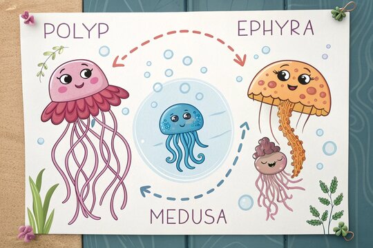Cartoon-style educational poster showing the life cycle of a jellyfish&mdash;from polyp to medusa