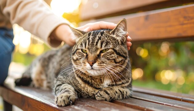 Hand petting tabby cat on park bench