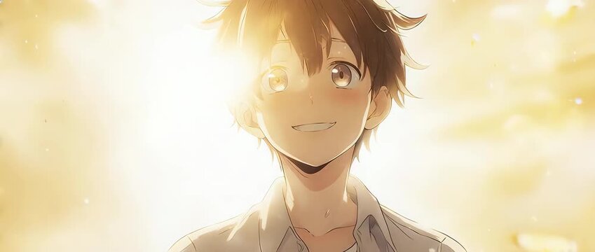 An inspirational and uplifting close-up of an anime boy with a hopeful gaze. Looking towards a bright light with an optimistic smile, this animation conveys hope, faith, and a brighter future.