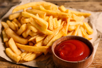 Tasty french fries and bowl of ketchup on wooden background