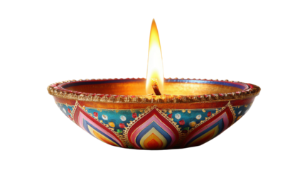 Traditional Diya Lamp with Burning Flame on white background
