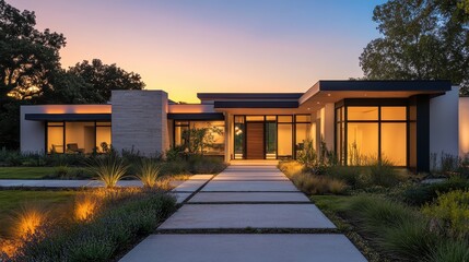 Fototapeta premium A modern home with a walkway leading to the front door