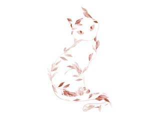 The silhouette of the cat is formed by a delicate arrangement of red leaves and botanical elements