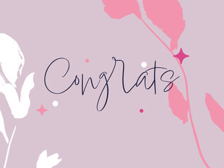 Congratulations card template featuring large flowers and leaves painting on a soft purple background