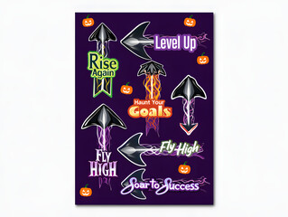 Halloween-Themed Motivational Sticker Set with Glowing Arrows and Uplifting Phrases