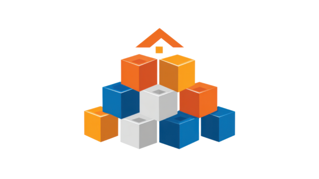 Colorful 3D Cubes Pyramid with Arrow Symbol Representing Growth, Structure, and Business Development on white background