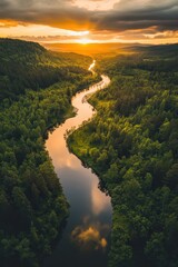 A river surrounded by trees at sunset