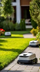 A robot is sitting on the sidewalk in the grass