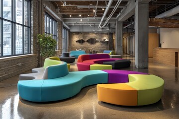 A room with a lot of colorful chairs